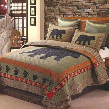 3 Piece King Cabin Quilt Bedding Set - Bear and Paw - Rustic Country Reversible Patchwork Comforter Set with Decorative Pillow Shams