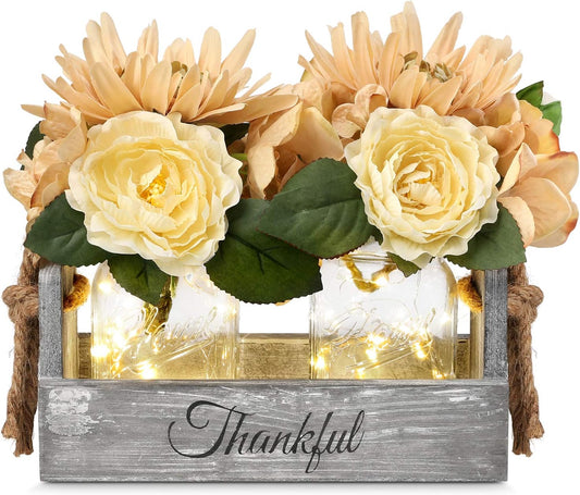 Mason Jar Centerpiece for Table -  Table Center Pieces Decor Dining Room with Led Fairy Lights & Flowers, Coffee Centerpiece Decor, New Home Gift (Clear Jars X 2)