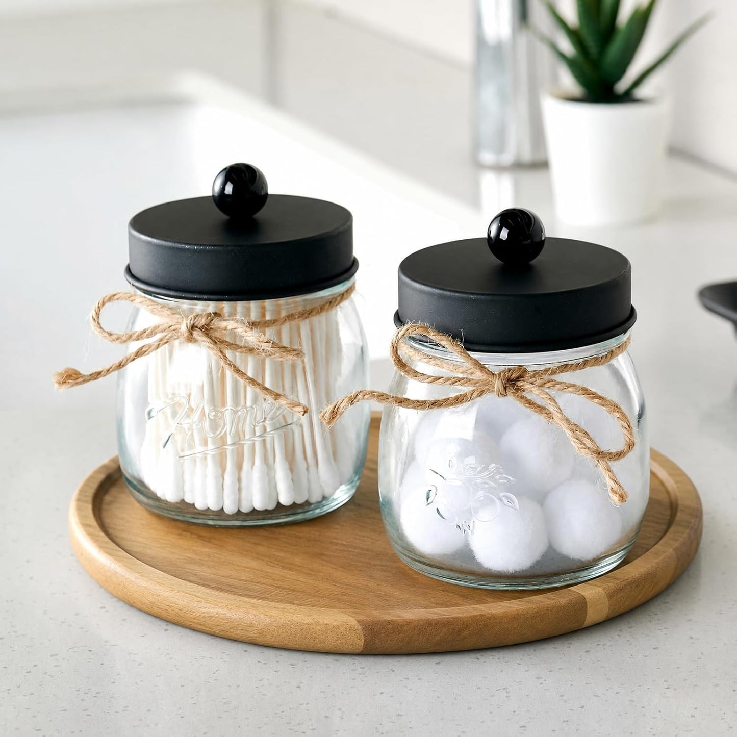 6 Pack Qtip Holders with Labels, Bathroom Organizers and Storage, Bathroom Decor, Apothecary Jars with Lids, Small Mason Jars for Qtips, Cottons, Floss, Balls, Cotton Swabs-Black
