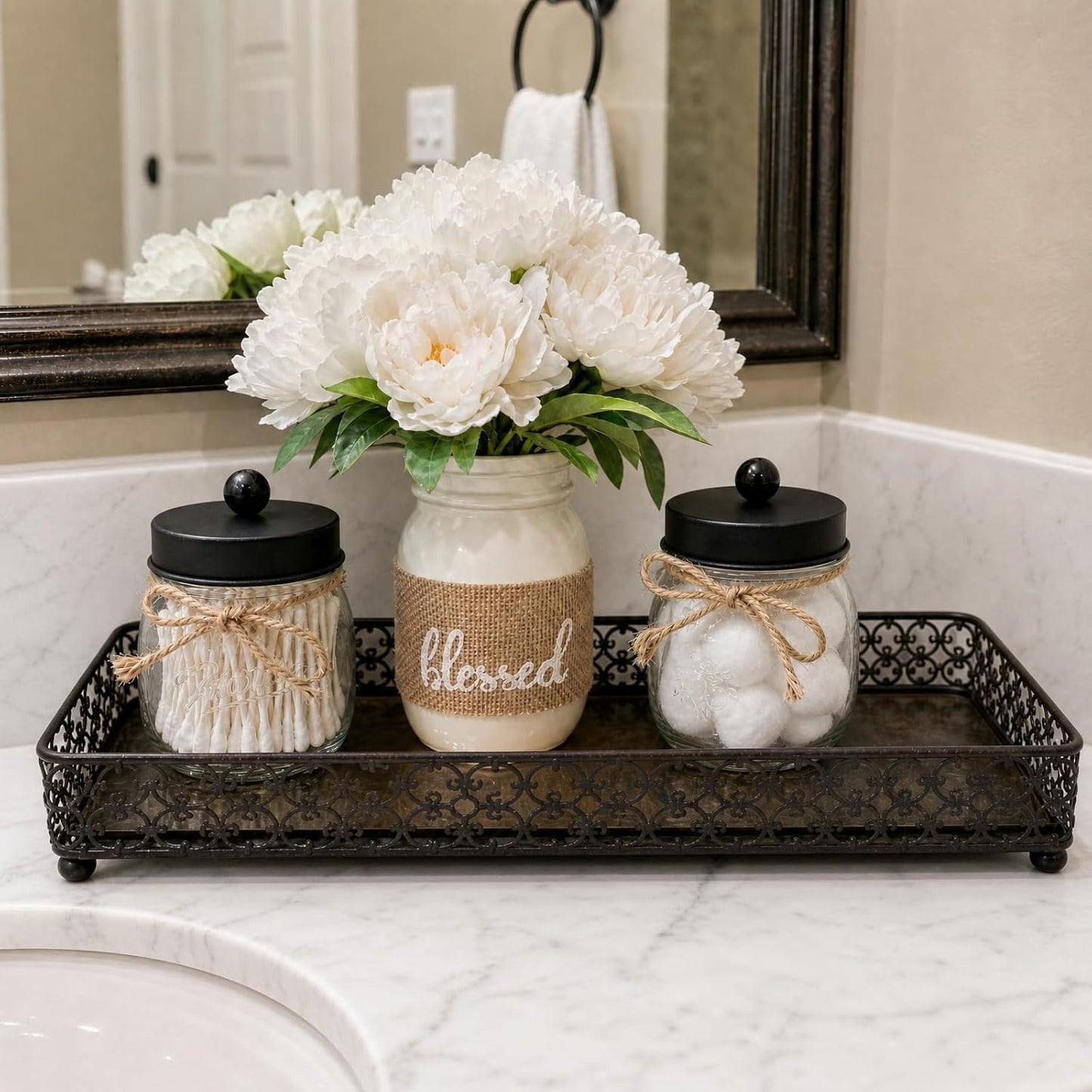 6 Pack Qtip Holders with Labels, Bathroom Organizers and Storage, Bathroom Decor, Apothecary Jars with Lids, Small Mason Jars for Qtips, Cottons, Floss, Balls, Cotton Swabs-Black