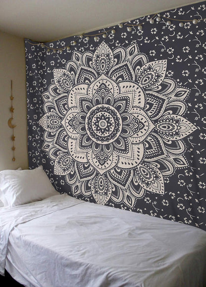 Mandala Tapestry Floral Medallion Hippie King Tapestries Bohemian Wall Hanging Indian Traditional Design for Living Room Dorm Home Decor 90X108 Inches, Grey Silver
