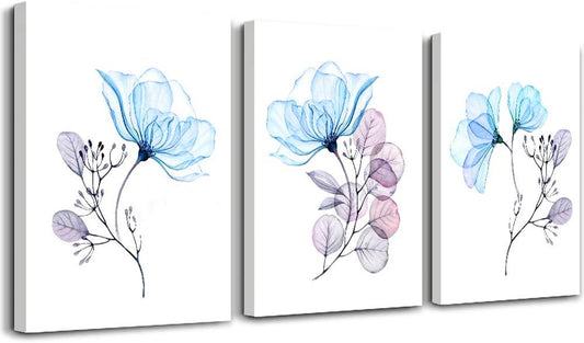 3 Piece Modern Blue Flowers Canvas Wall Art for Bedroom Living Room Decor,Bathroom Wall Decor,3 Panels Framed Wall Watercolor Painting Kitchen Home Decoration Canvas Print Artwork Wall Mural