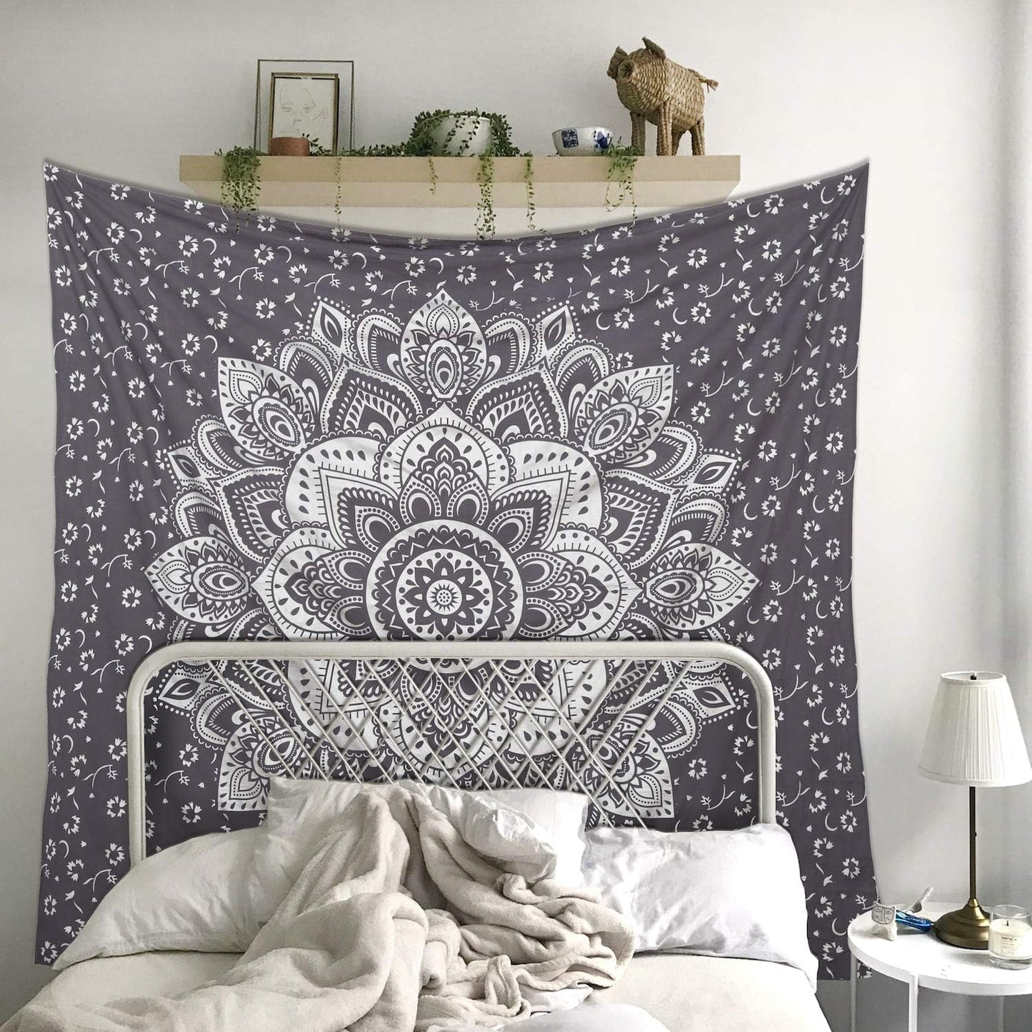 Mandala Tapestry Floral Medallion Hippie King Tapestries Bohemian Wall Hanging Indian Traditional Design for Living Room Dorm Home Decor 90X108 Inches, Grey Silver