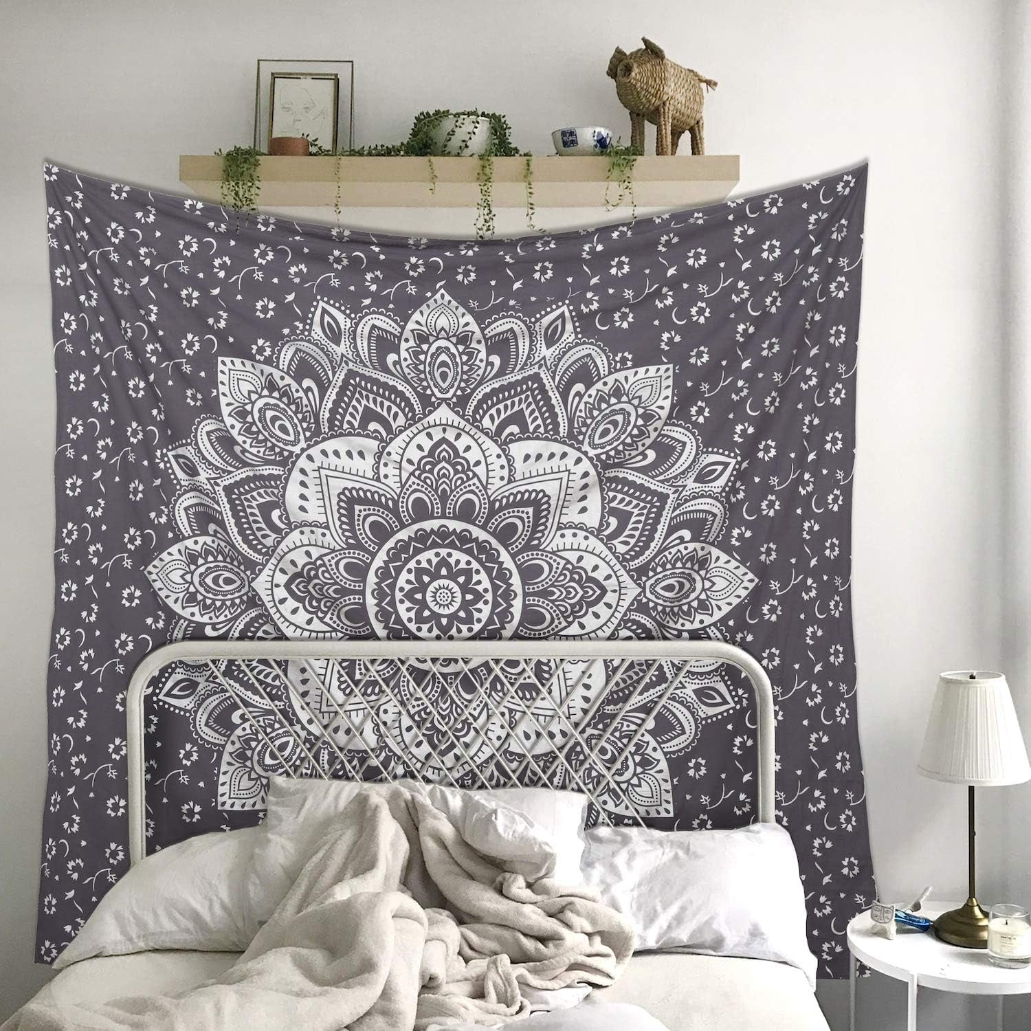 Mandala Tapestry Floral Medallion Hippie King Tapestries Bohemian Wall Hanging Indian Traditional Design for Living Room Dorm Home Decor 90X108 Inches, Grey Silver
