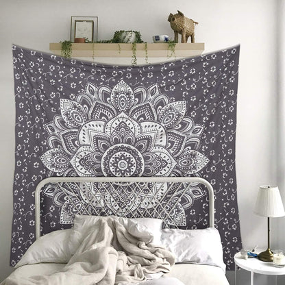 Mandala Tapestry Floral Medallion Hippie King Tapestries Bohemian Wall Hanging Indian Traditional Design for Living Room Dorm Home Decor 90X108 Inches, Grey Silver
