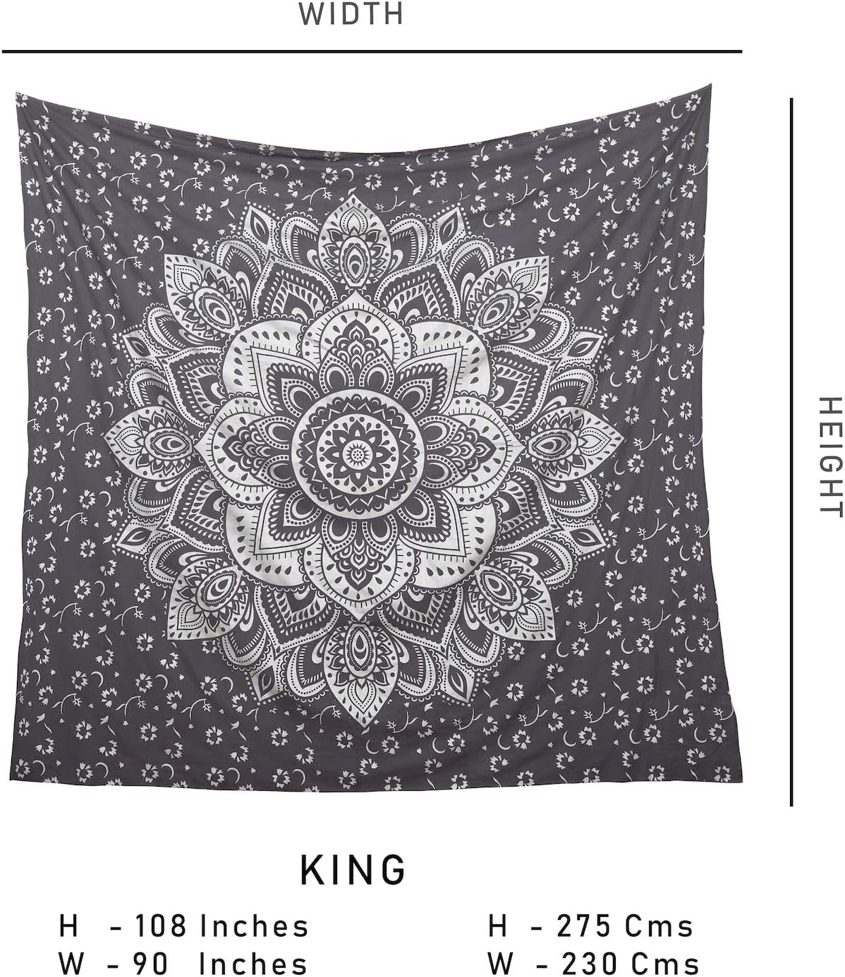 Mandala Tapestry Floral Medallion Hippie King Tapestries Bohemian Wall Hanging Indian Traditional Design for Living Room Dorm Home Decor 90X108 Inches, Grey Silver