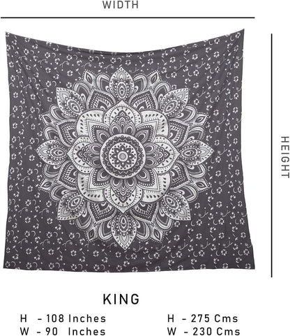 Mandala Tapestry Floral Medallion Hippie King Tapestries Bohemian Wall Hanging Indian Traditional Design for Living Room Dorm Home Decor 90X108 Inches, Grey Silver
