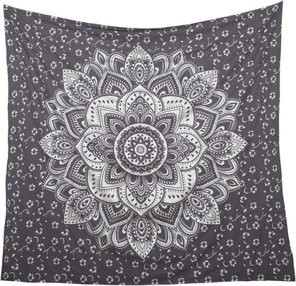Mandala Tapestry Floral Medallion Hippie King Tapestries Bohemian Wall Hanging Indian Traditional Design for Living Room Dorm Home Decor 90X108 Inches, Grey Silver